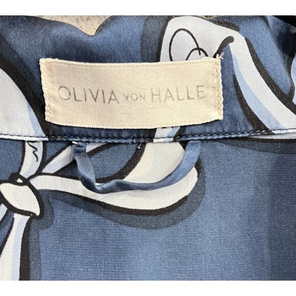 Olivia von Halle Blue Silk Satin Pajama Set Sz L Lila Arran Blue Bow Women’s - Picture 4 of 8